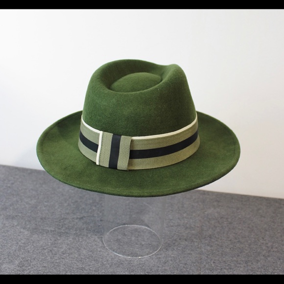 High Quality Unisex Green Australian Wool Fedora stripe ribbon hat - Picture 10 of 10